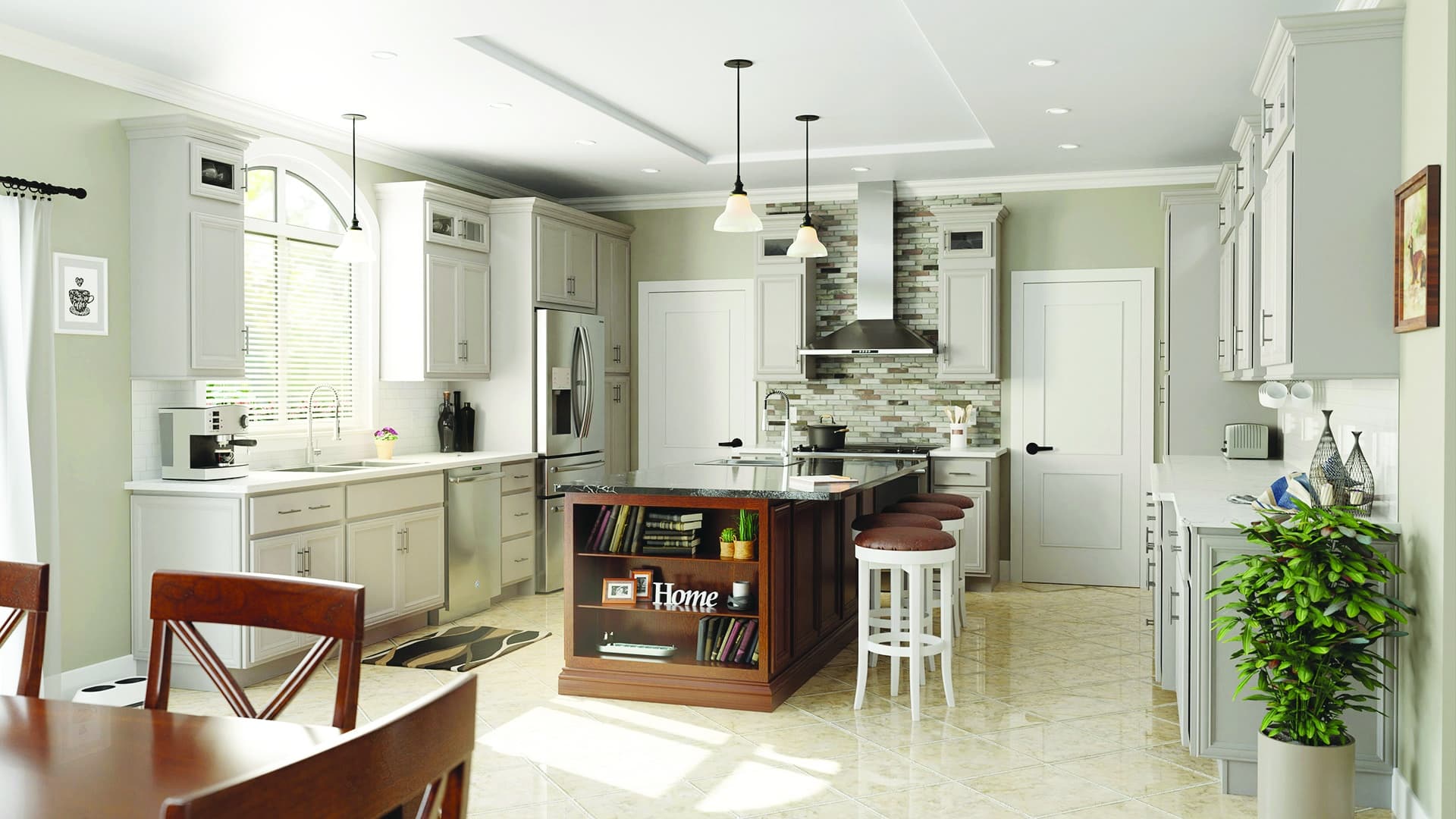 modern kitchen design in Evansville using white cabinets and wood island