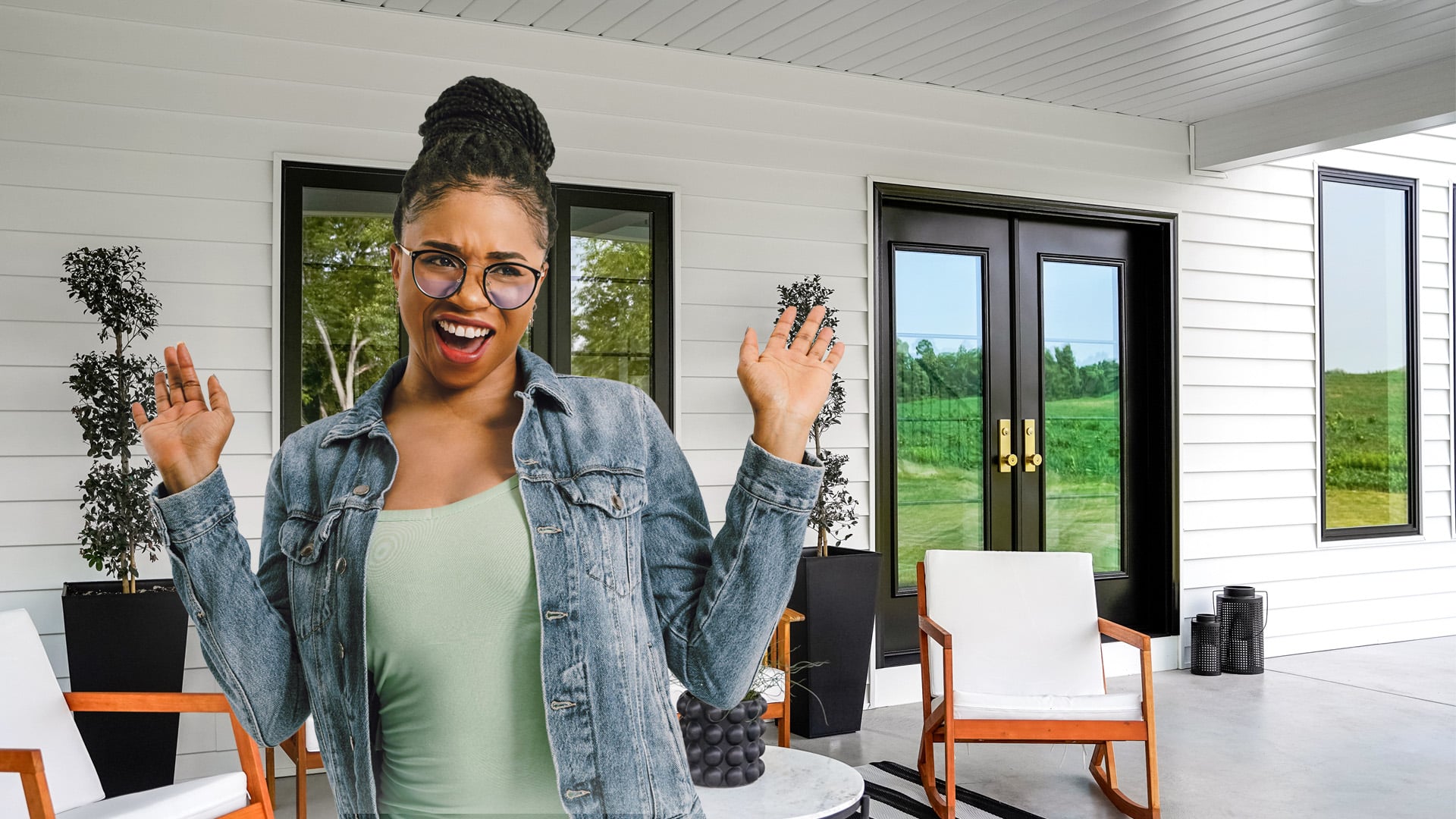 young woman looking excited about her new french doors