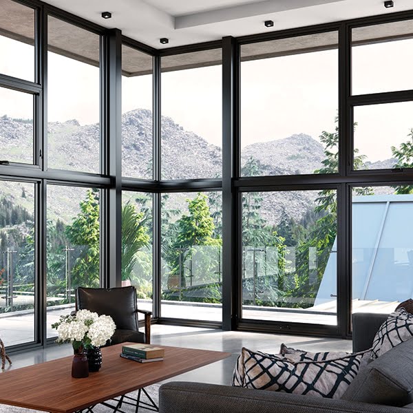 sleek black aluminum corner windows in modern house