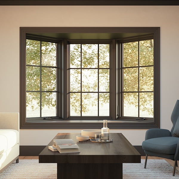 wood clad bay window in living room