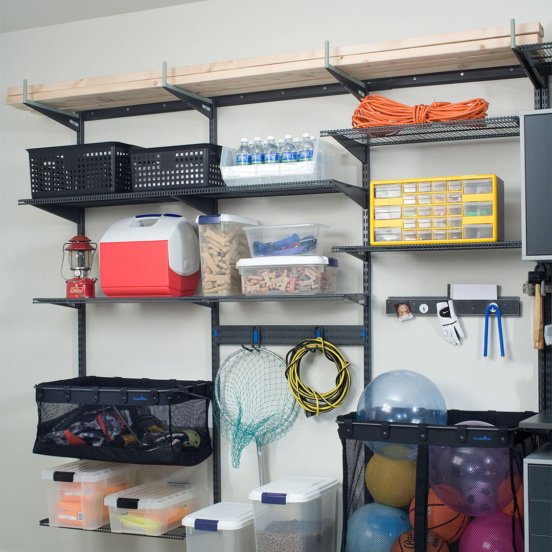 black adjustable shelving in garage