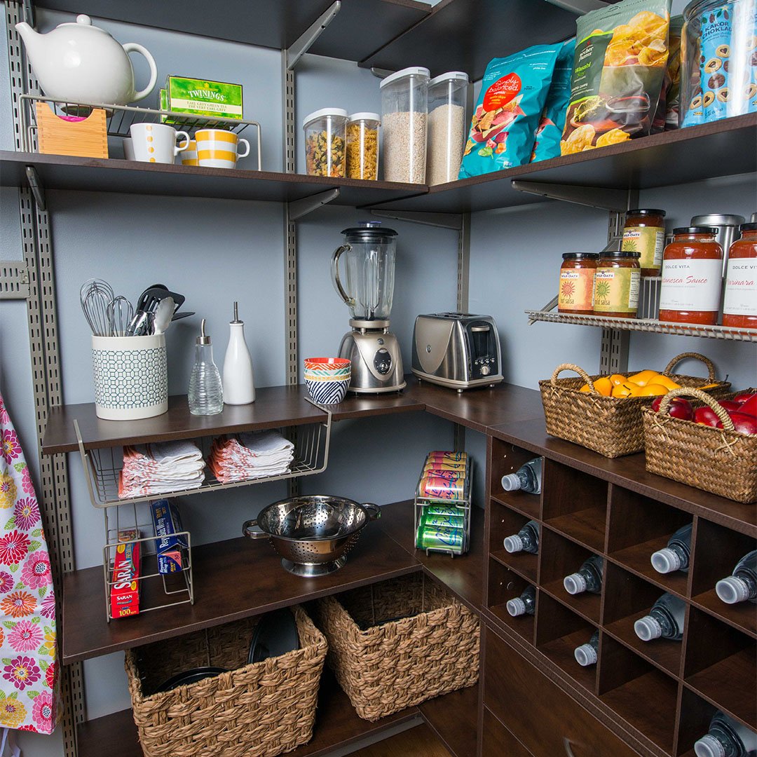 brown pantry shelving with kitchen appliances and food