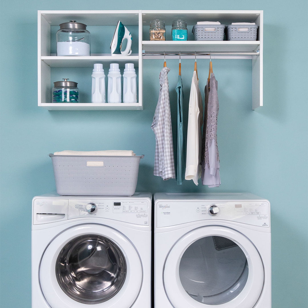 built-in shelves above washer and dryer