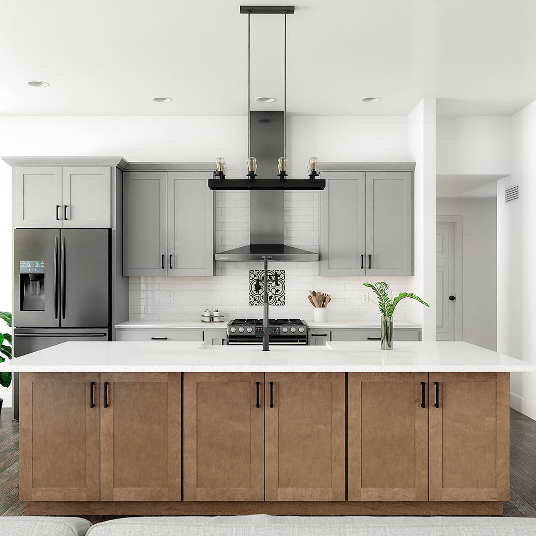 modern kitchen with large island and quartz countertops