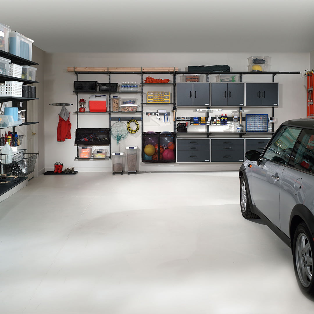 shelving storage system on wall of garage