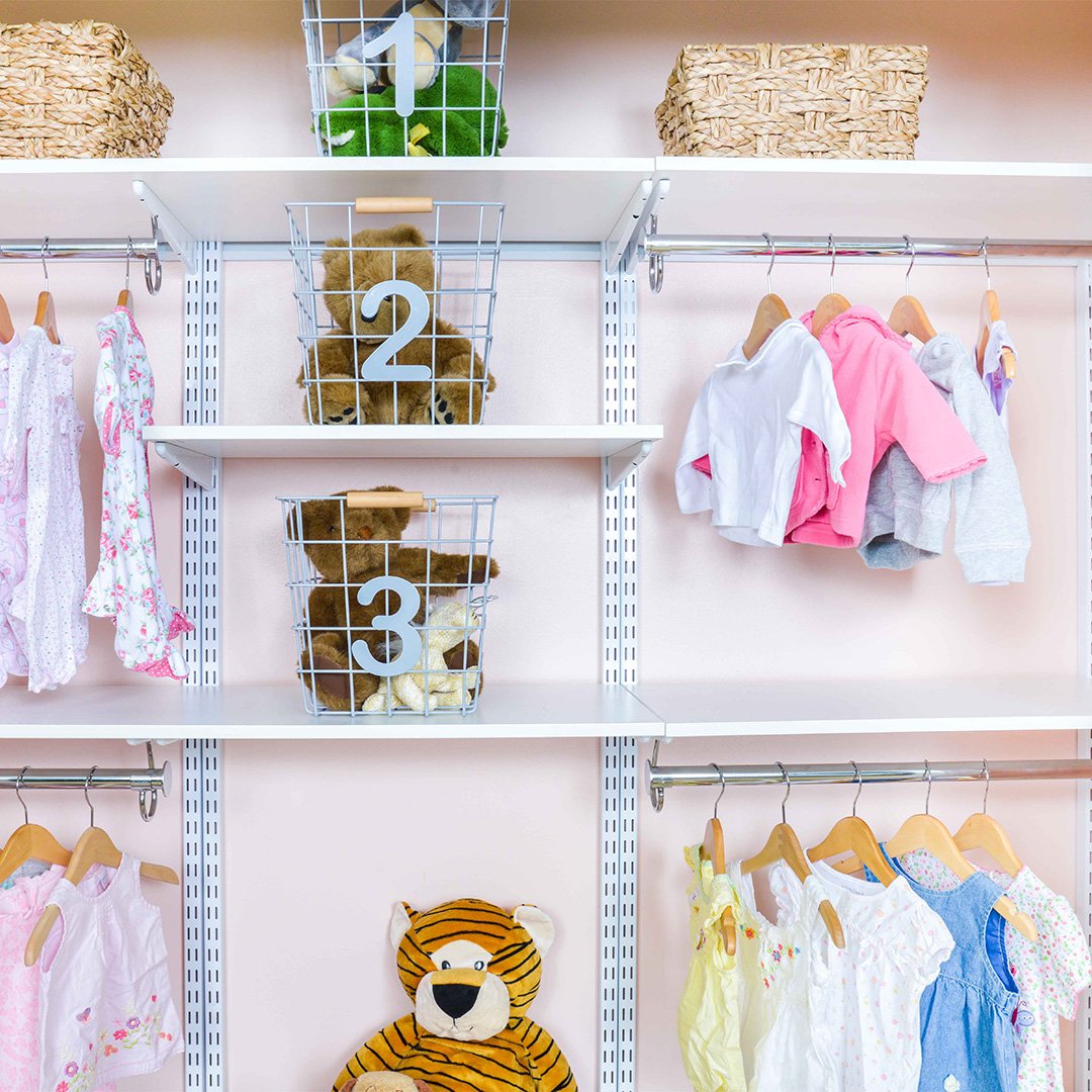 kids closet with metal toy baskets