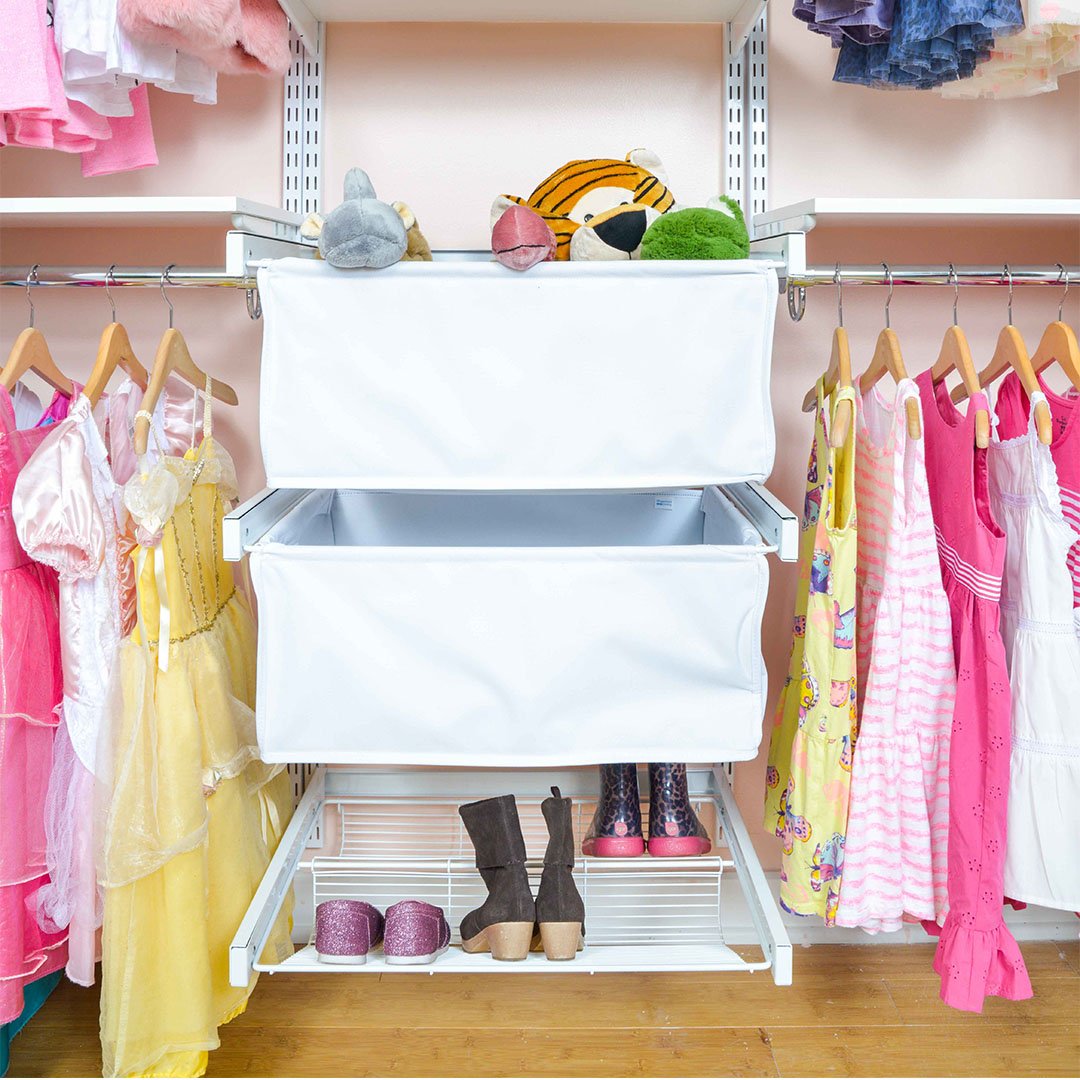 kids closet with fabric baskets and shoe rack