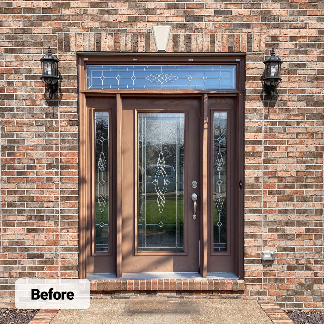 stained fiberglass entry door system with side lights and transom window