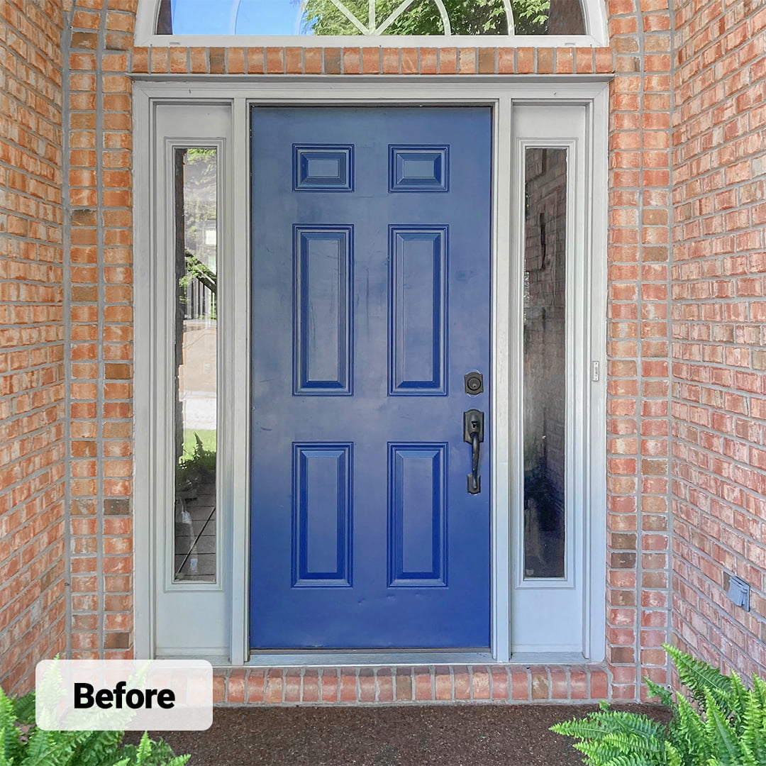 blue fiberglass entry door with white framed side lights