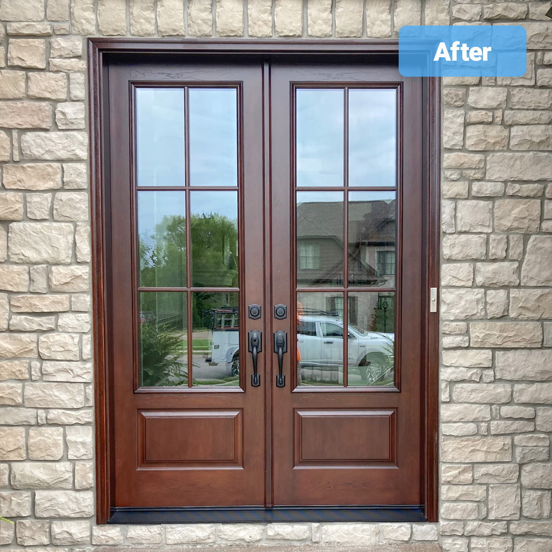 fiberglass french doors on stone home