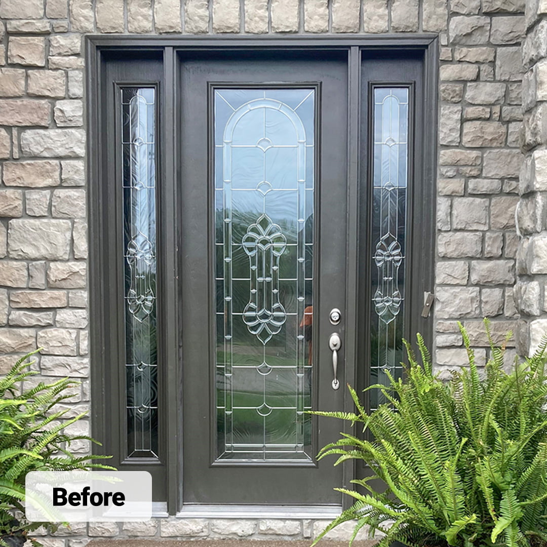 single entry door with side lights on stone home