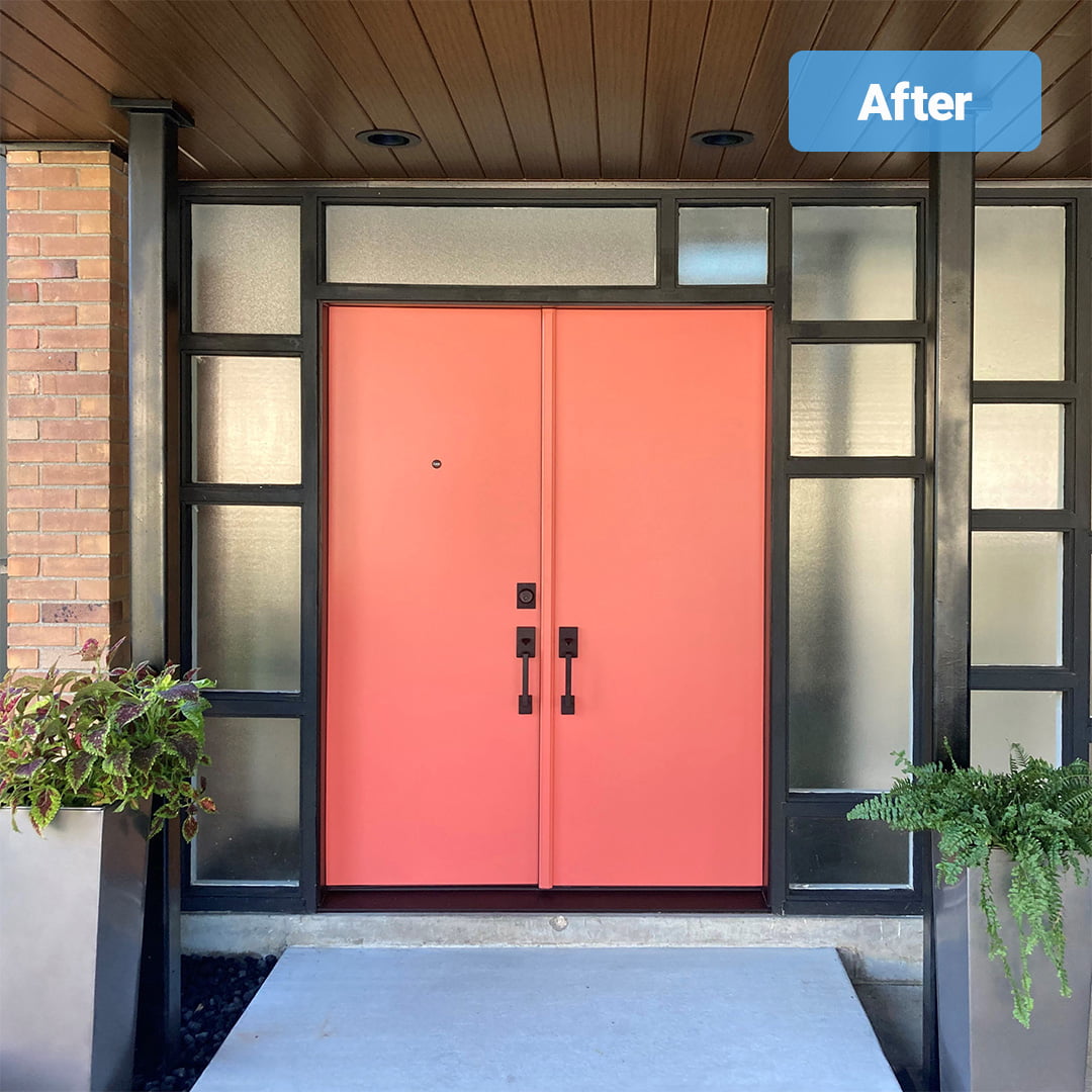 salmon colored french doors on midcentury modern home