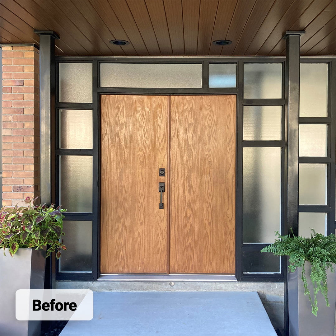 wood french doors on midcentury modern home