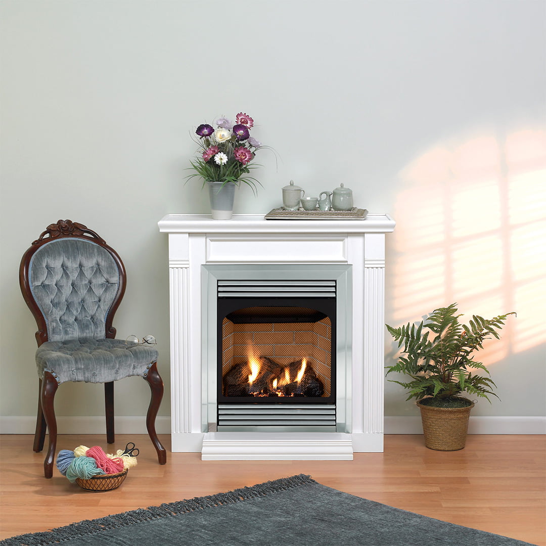 gas fireplace inside white mantel in quaint living room