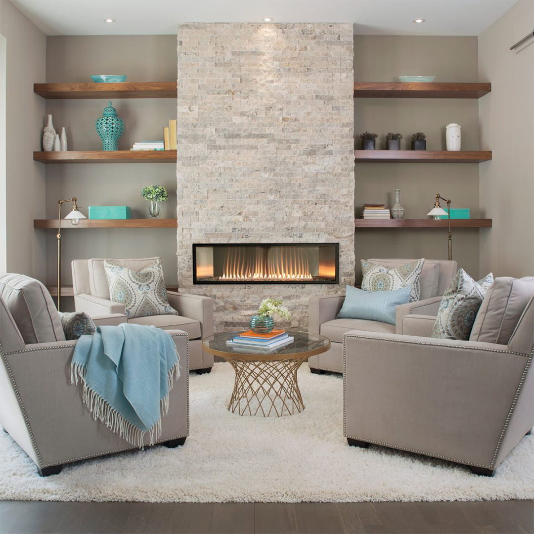 modern living room with linear natural gas fireplace