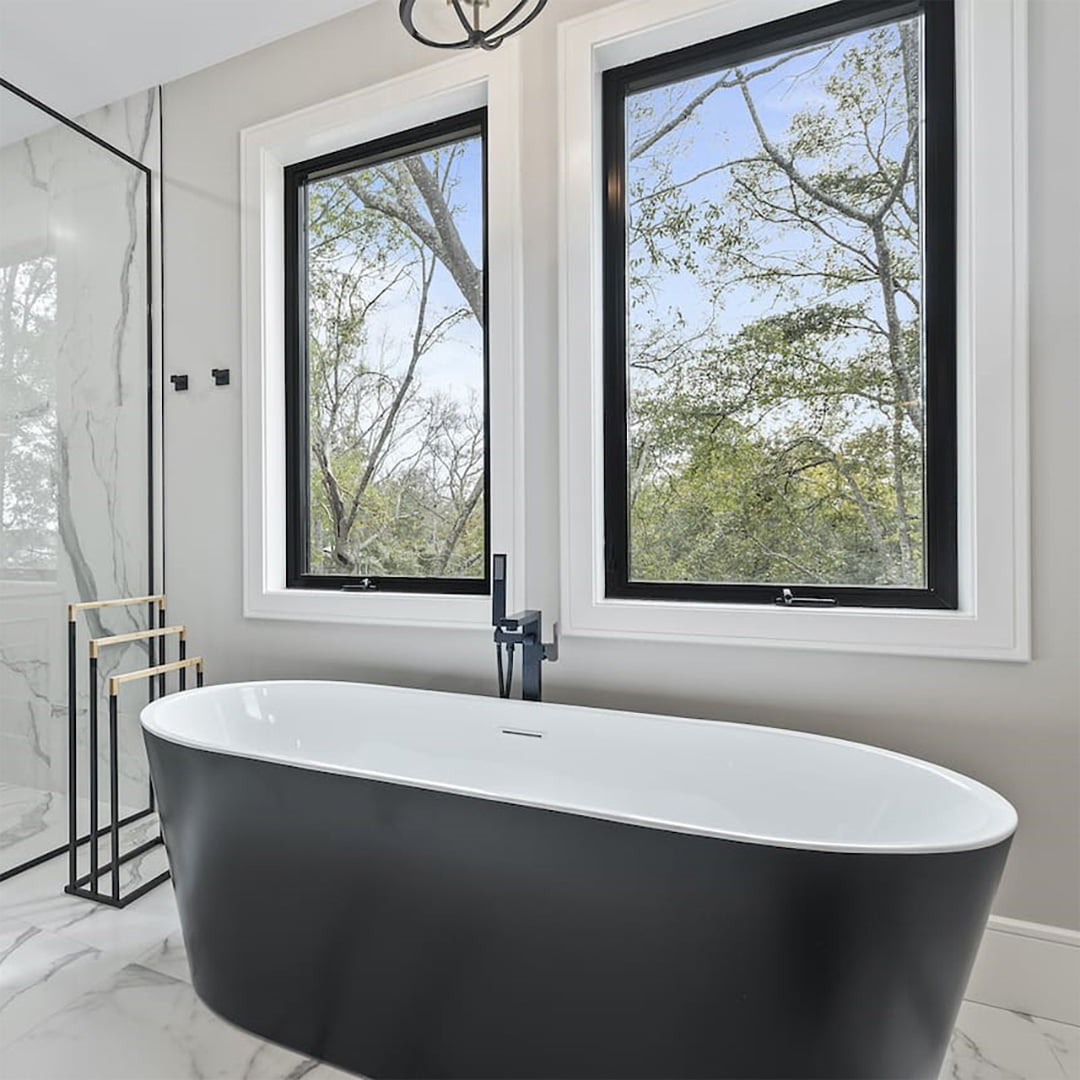 black casement windows in modern bathroom