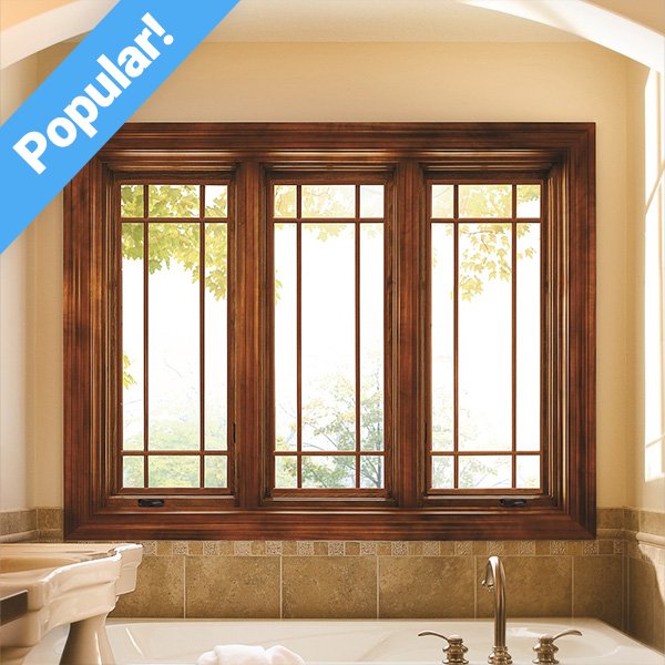 three stained wood casement windows