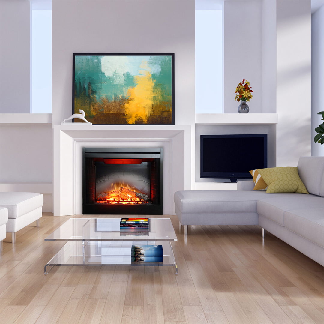 black electric fireplace in white mantel in modern living room