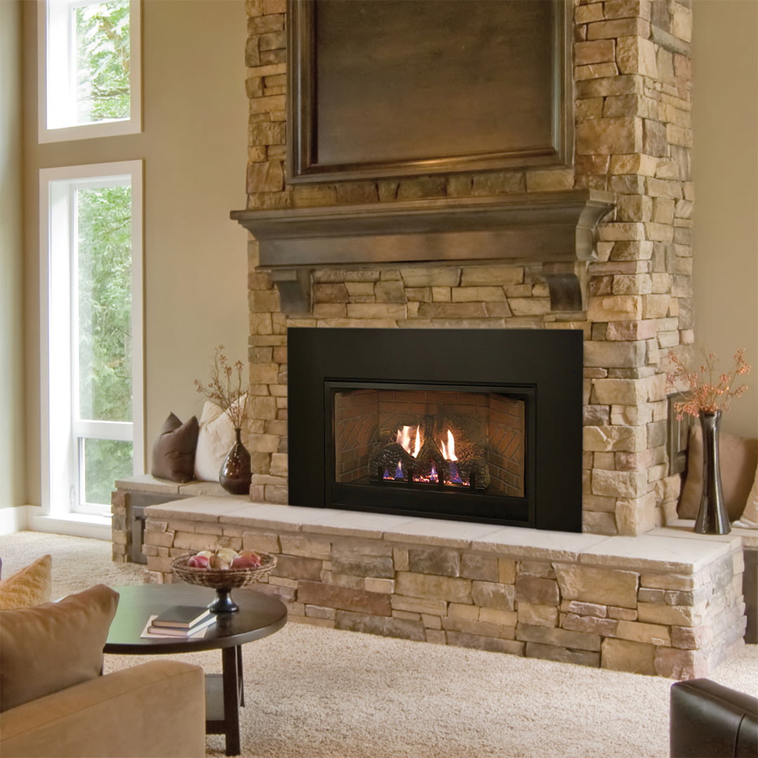 fireplace insert on brick chimney in living room