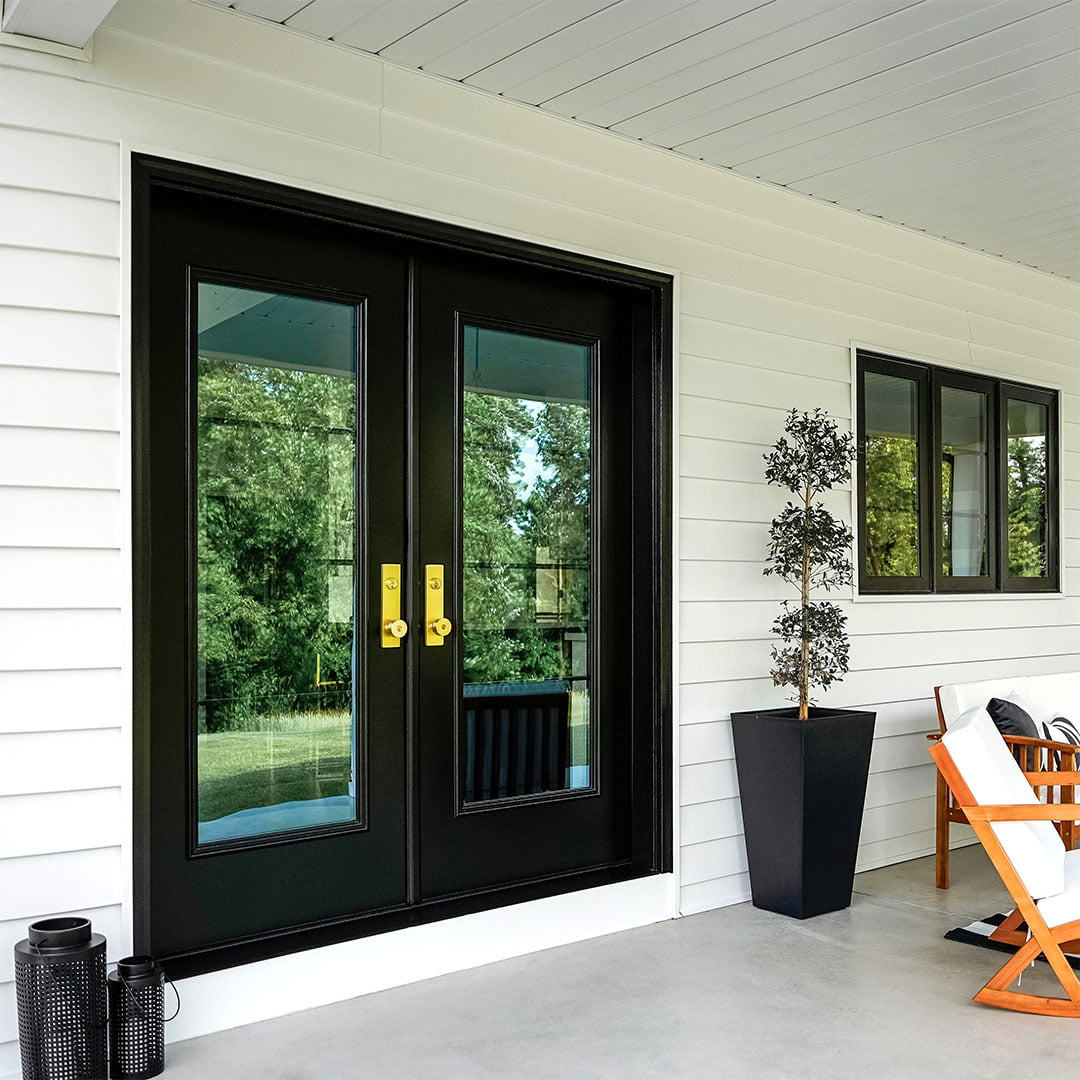 black steel french doors with large panes of glass