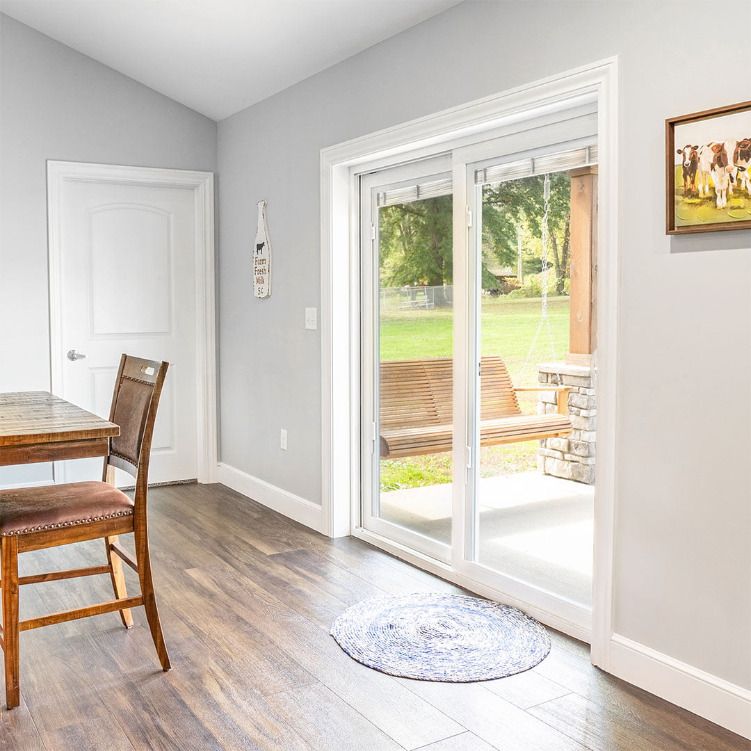 white sliding patio door in dining room