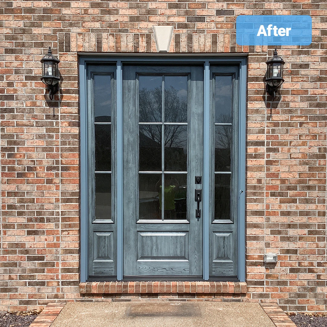 8-foot fiberglass entry door with blue paint and glaze finish